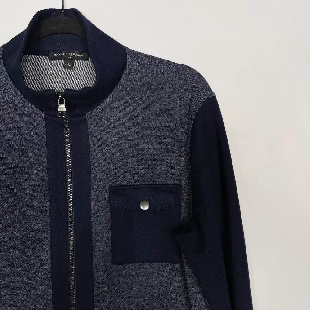 Banana Republic Mens Small S Navy Blue Heathered Full Zip Sweatshirt Pockets